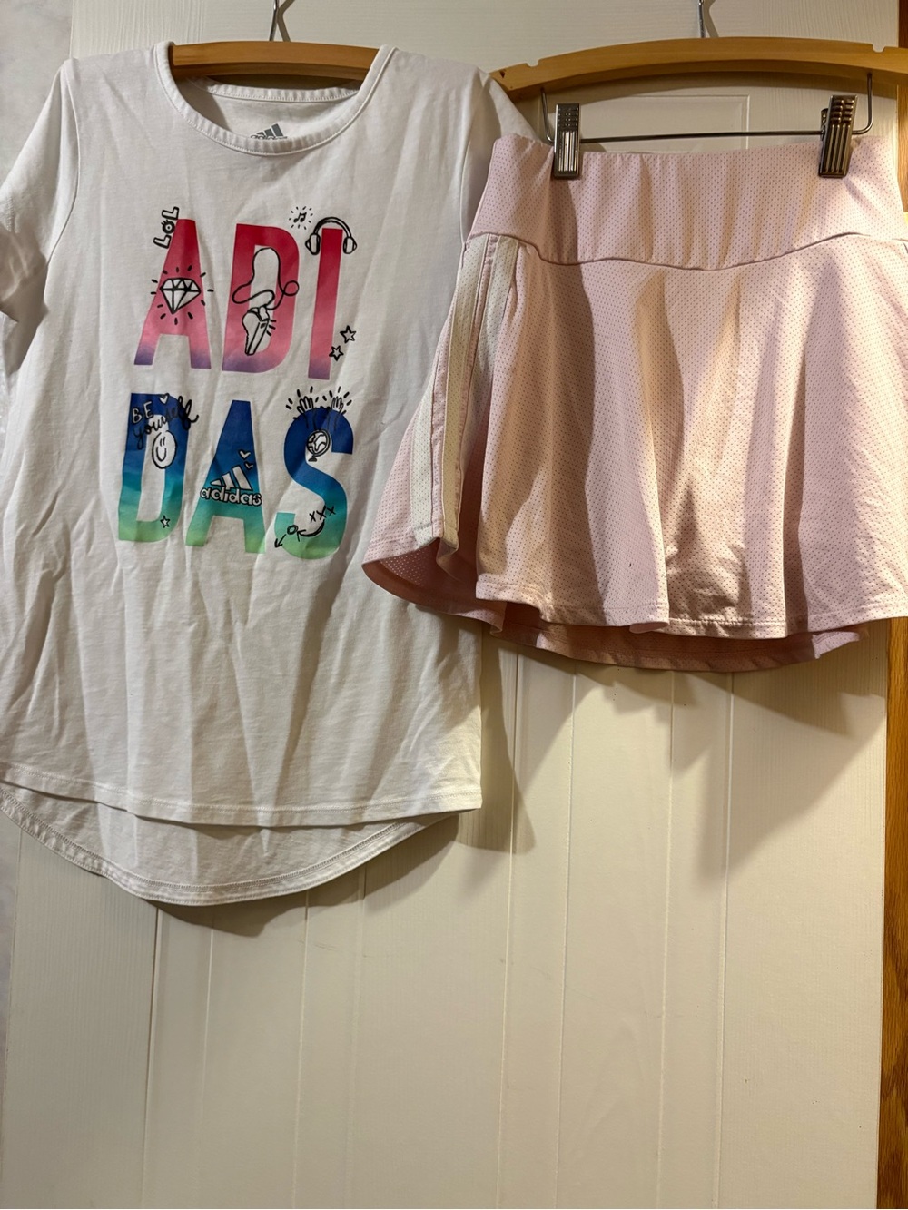 adidas White Graphic Tee with Pastel Rainbow Letters & Light Pink Skort